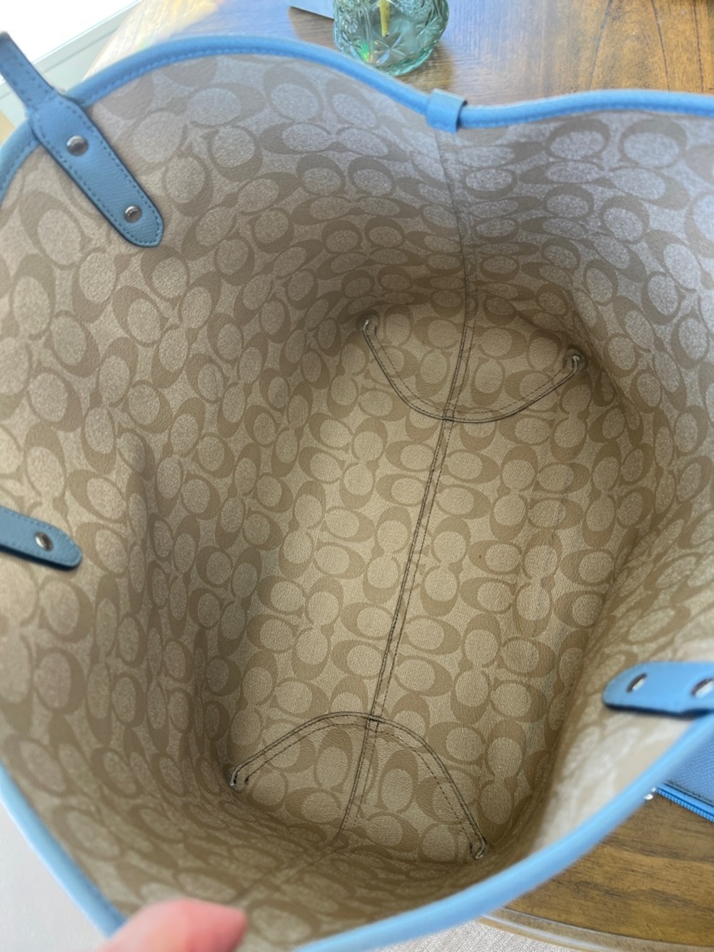 Coach - Beige Signature Tote with Blue Trim, Reversible and Matching Pouch - Picture 10 of 12